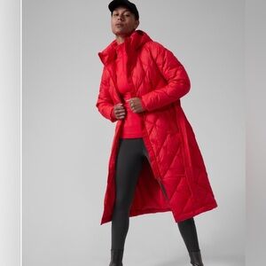 Athleta Boulevard Down Duster Belted Hooded Red Jacket XXS
